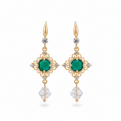 Green Quartz & Crystal Cubic Zirconia Goldtone Rhombus Hook Earrings