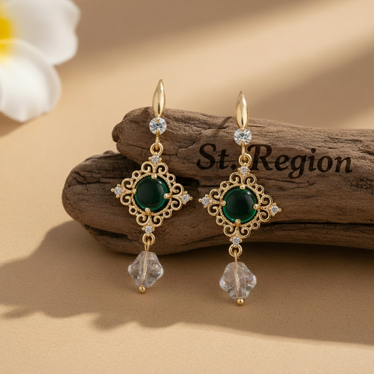 Green Quartz & Crystal Cubic Zirconia Goldtone Rhombus Hook Earrings