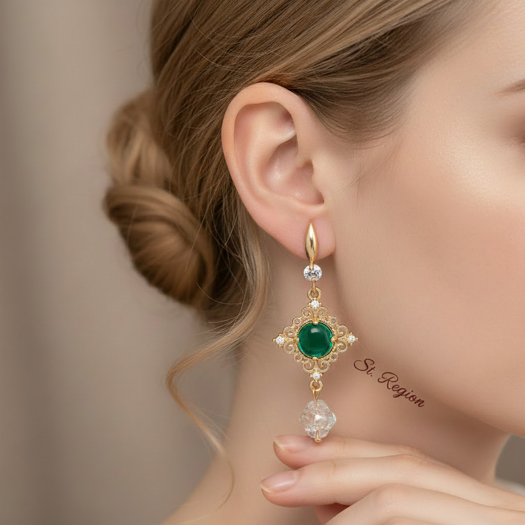 Green Quartz & Crystal Cubic Zirconia Goldtone Rhombus Hook Earrings