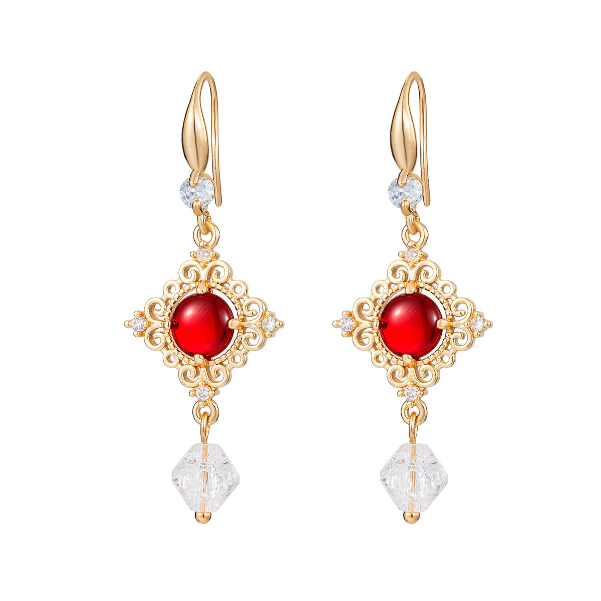 Red Quartz & Crystal Cubic Zirconia Goldtone Rhombus Hook Earrings
