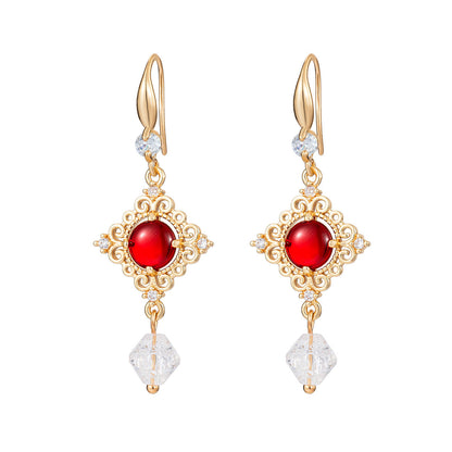 Red Quartz & Crystal Cubic Zirconia Goldtone Rhombus Hook Earrings
