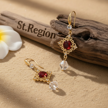 Red Quartz & Crystal Cubic Zirconia Goldtone Rhombus Hook Earrings