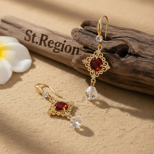 Red Quartz & Crystal Cubic Zirconia Goldtone Rhombus Hook Earrings