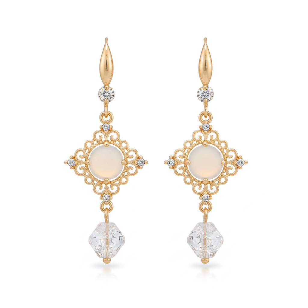 White Quartz & Crystal Cubic Zirconia Goldtone Rhombus Hook Earrings