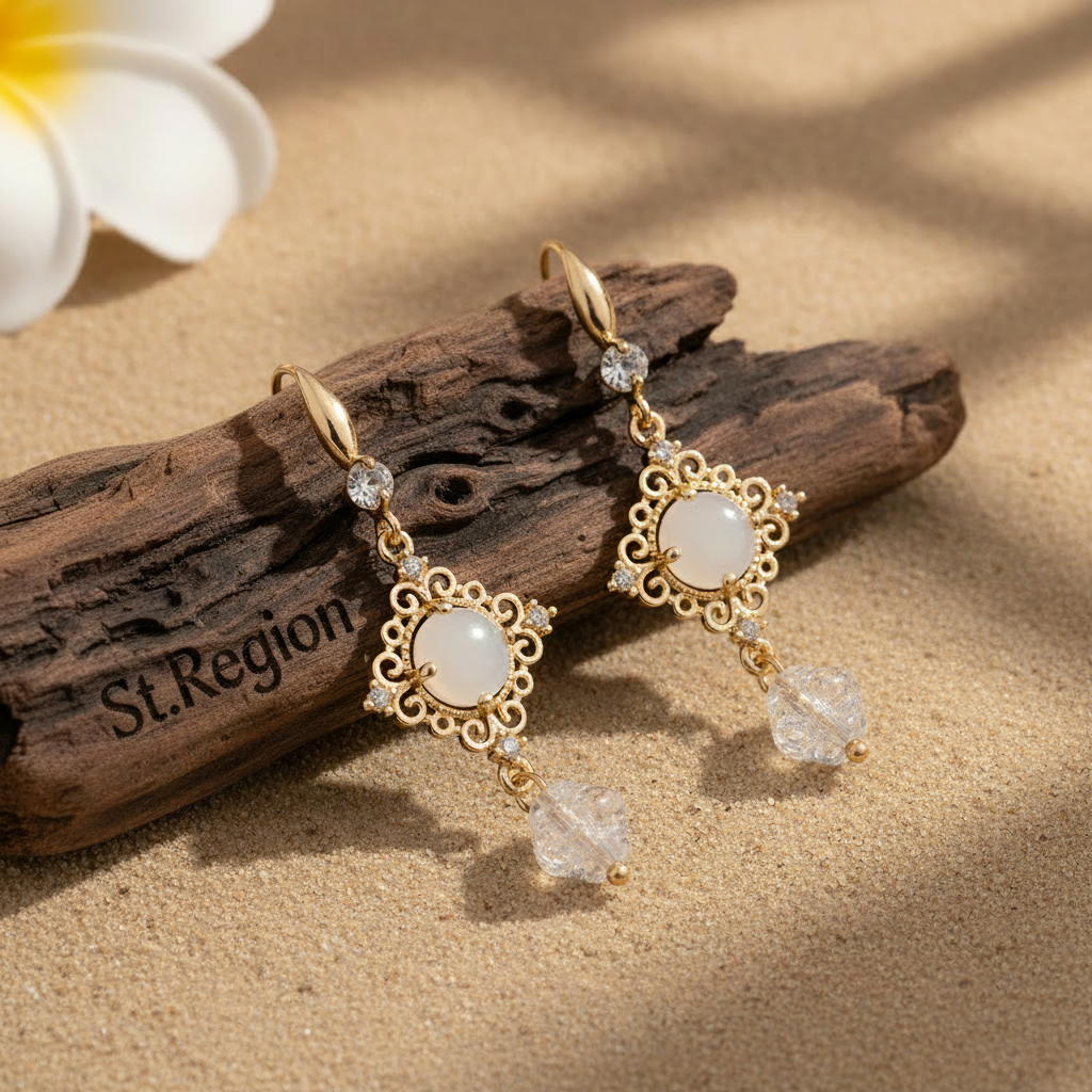 White Quartz & Crystal Cubic Zirconia Goldtone Rhombus Hook Earrings