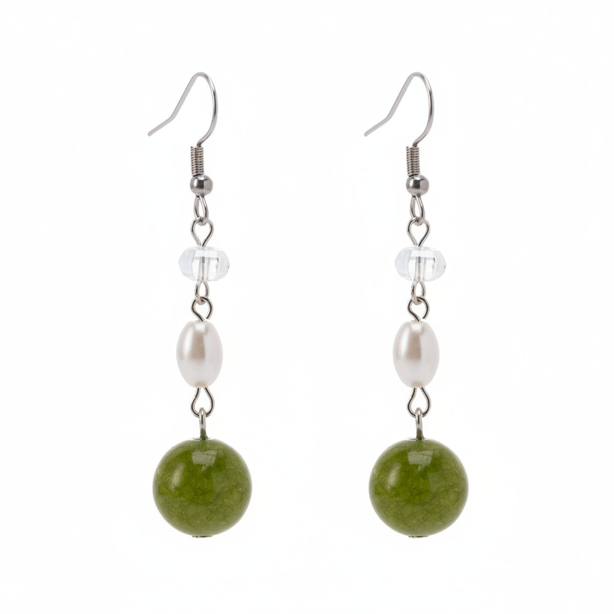 Green Jade & Pearl Crystal Silvertone Ball Hook Earrings