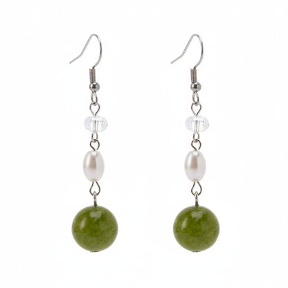 Green Jade & Pearl Crystal Silvertone Ball Hook Earrings