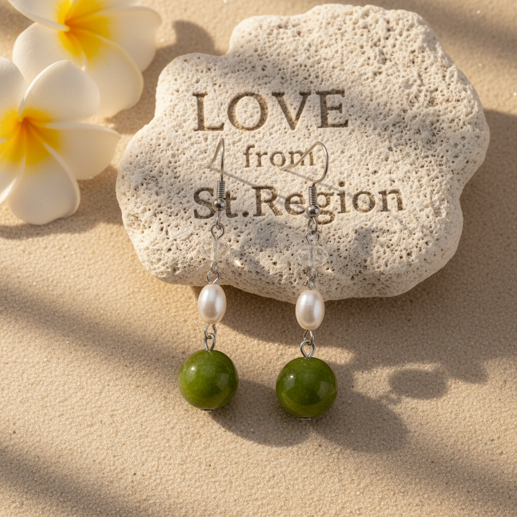 Green Jade & Pearl Crystal Silvertone Ball Hook Earrings