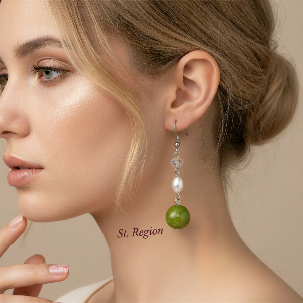 Green Jade & Pearl Crystal Silvertone Ball Hook Earrings