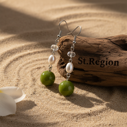 Green Jade & Pearl Crystal Silvertone Ball Hook Earrings