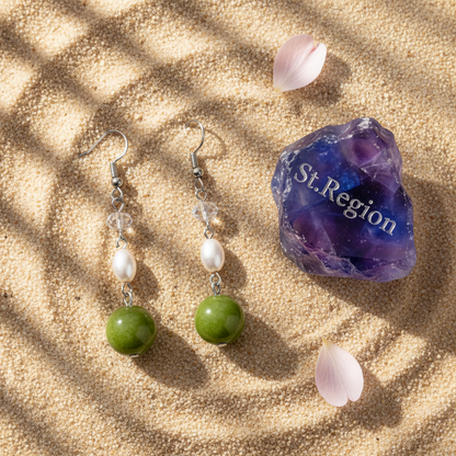 Green Jade & Pearl Crystal Silvertone Ball Hook Earrings