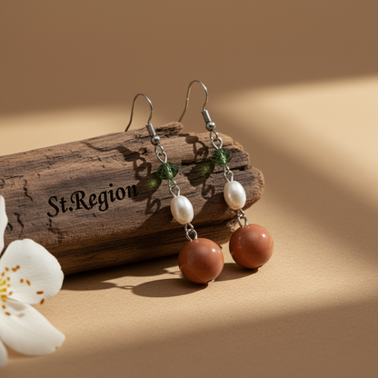 Orange Jade & Pearl Crystal Silvertone Ball Hook Earrings