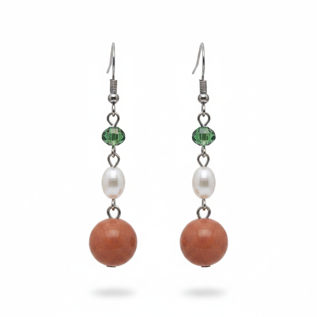 Orange Jade & Pearl Crystal Silvertone Ball Hook Earrings