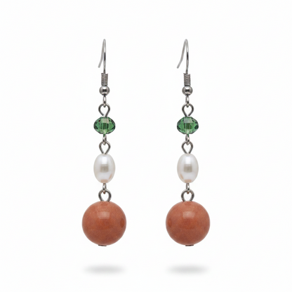 Orange Jade & Pearl Crystal Silvertone Ball Hook Earrings