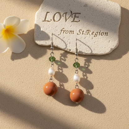 Orange Jade & Pearl Crystal Silvertone Ball Hook Earrings