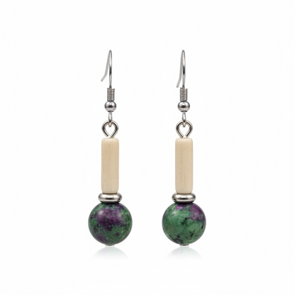 Green Jade & Silvertone Cylinder Ball Hook Earrings