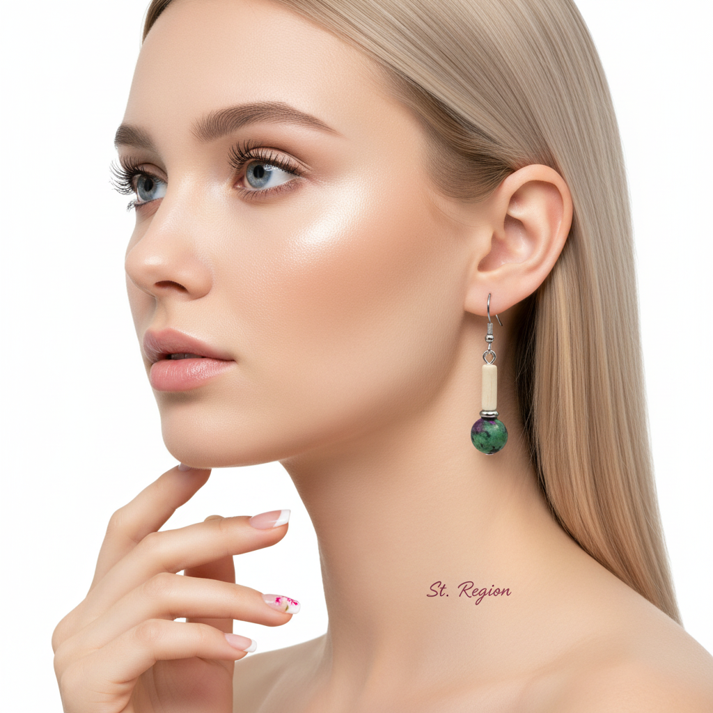 Green Jade & Silvertone Cylinder Ball Hook Earrings