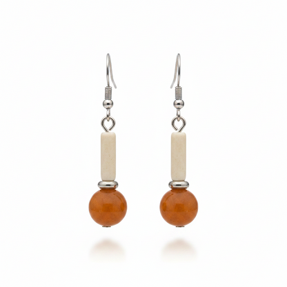 Orange Jade & Silvertone Cylinder Ball Hook Earrings