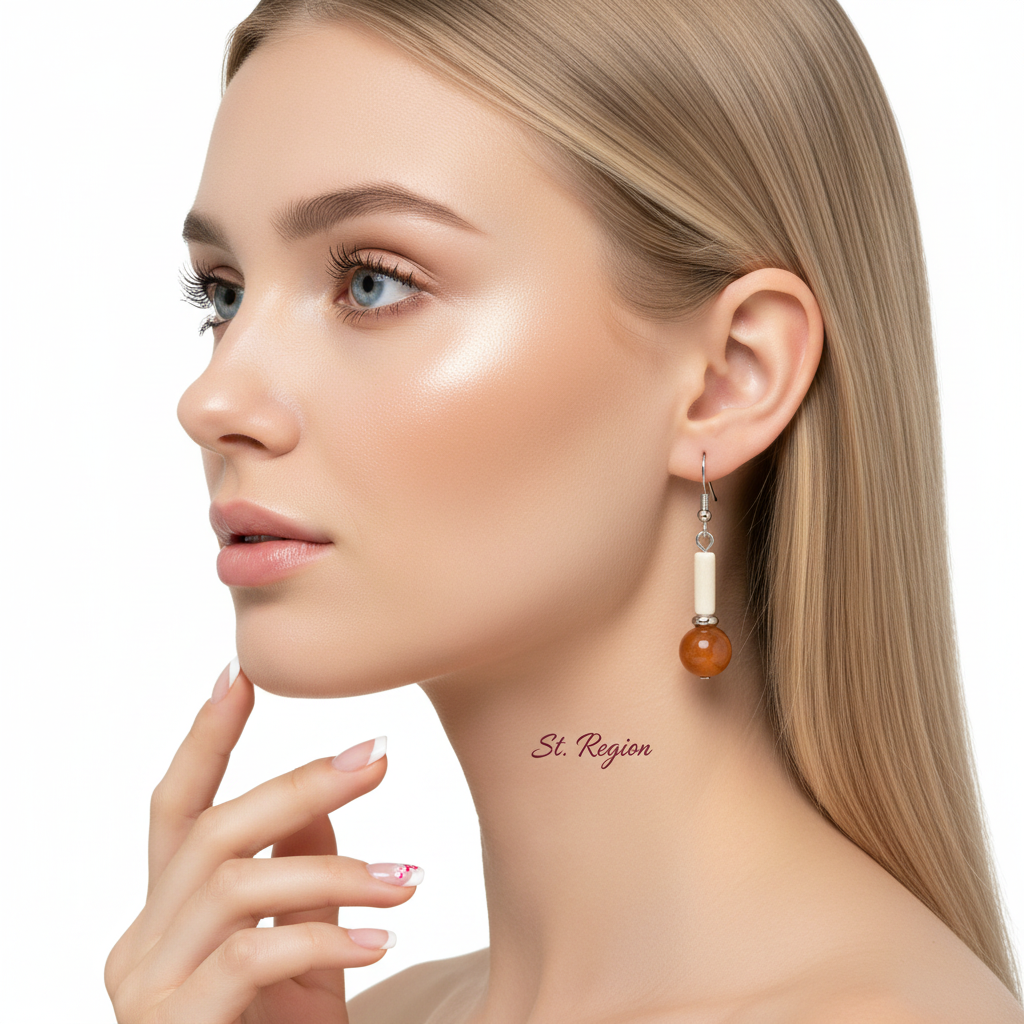Orange Jade & Silvertone Cylinder Ball Hook Earrings