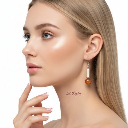 Orange Jade & Silvertone Cylinder Ball Hook Earrings