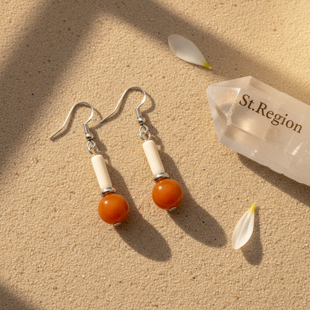 Orange Jade & Silvertone Cylinder Ball Hook Earrings