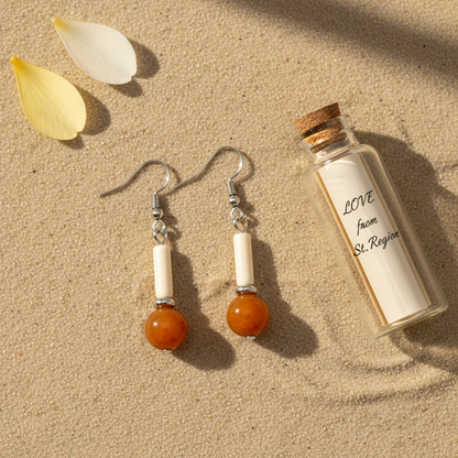 Orange Jade & Silvertone Cylinder Ball Hook Earrings