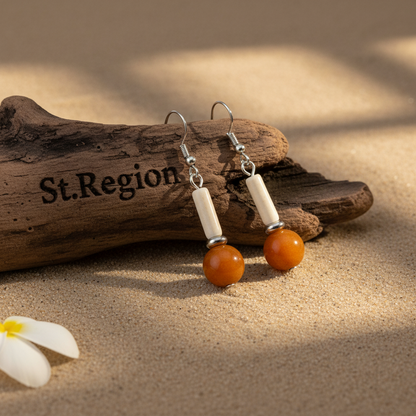 Orange Jade & Silvertone Cylinder Ball Hook Earrings