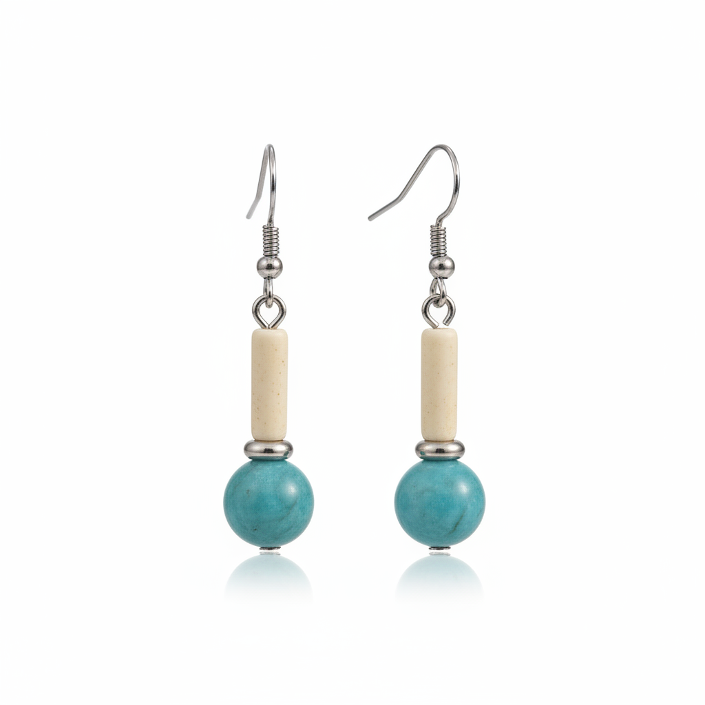 Sea Blue Jade & Silvertone Cylinder Ball Hook Earrings