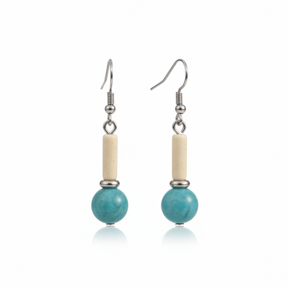 Sea Blue Jade & Silvertone Cylinder Ball Hook Earrings