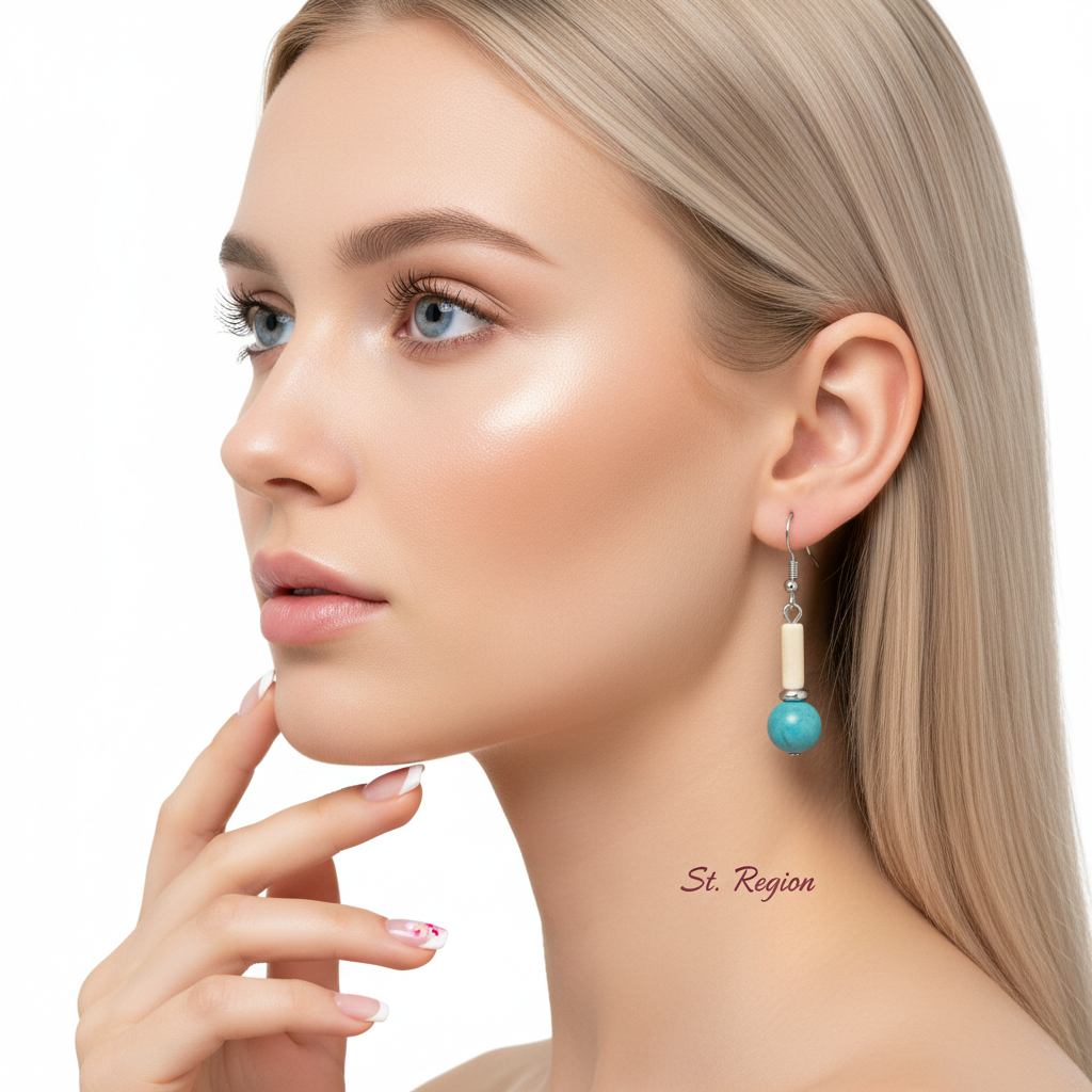 Sea Blue Jade & Silvertone Cylinder Ball Hook Earrings