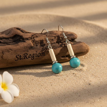 Sea Blue Jade & Silvertone Cylinder Ball Hook Earrings