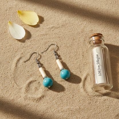 Sea Blue Jade & Silvertone Cylinder Ball Hook Earrings