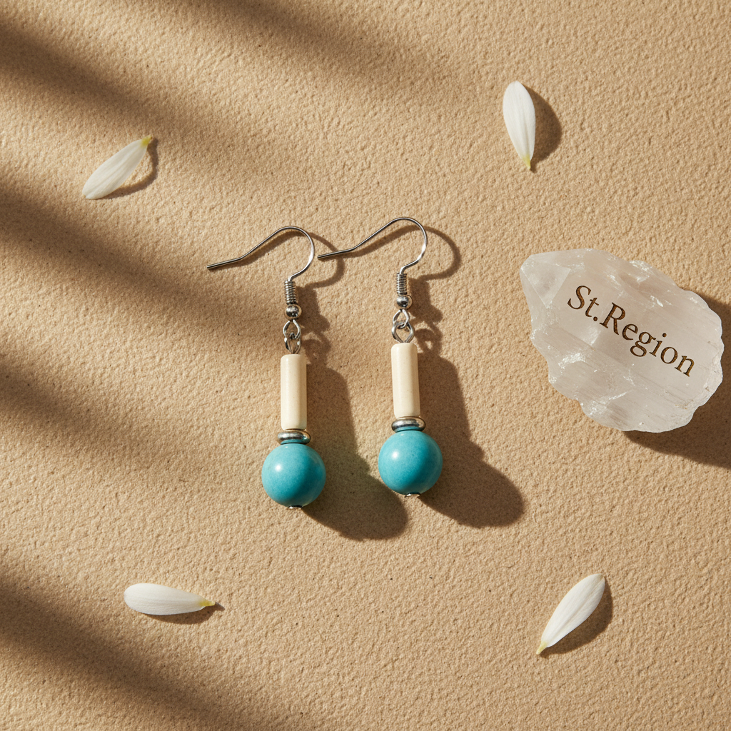 Sea Blue Jade & Silvertone Cylinder Ball Hook Earrings