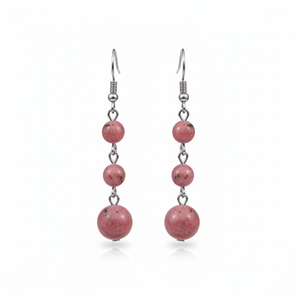 Red Jade & Silvertone Tiered Ball Hook Earrings