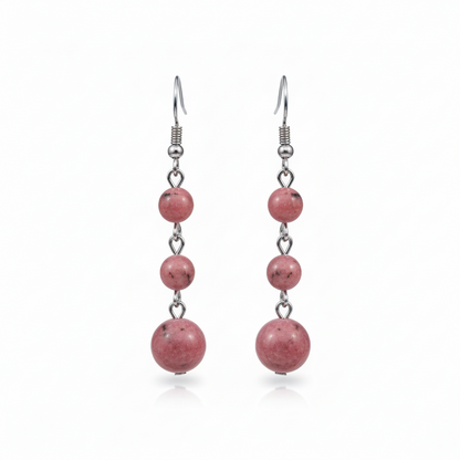 Red Jade & Silvertone Tiered Ball Hook Earrings