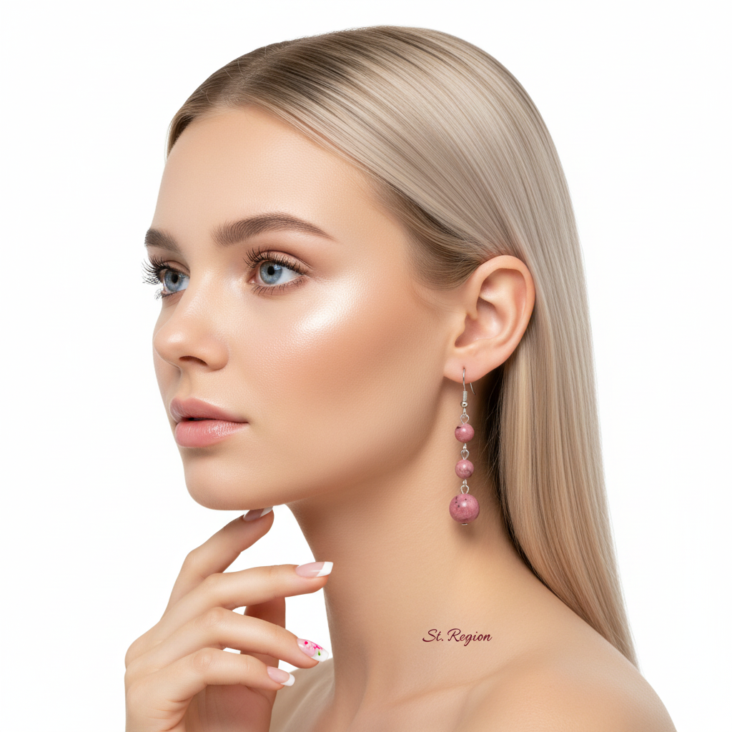 Red Jade & Silvertone Tiered Ball Hook Earrings