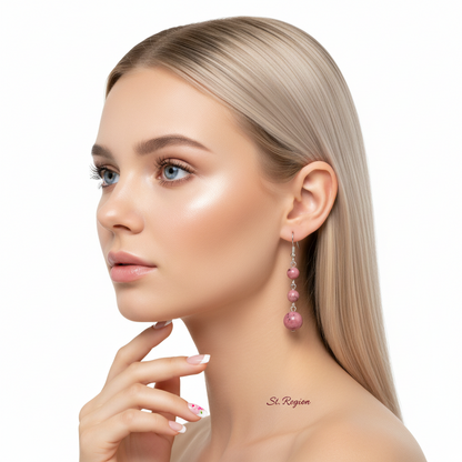 Red Jade & Silvertone Tiered Ball Hook Earrings