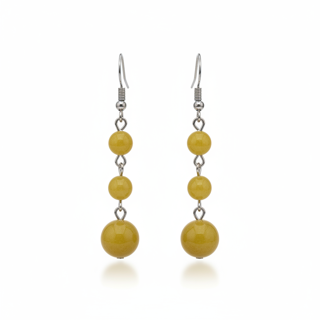 Yellow Jade & Silvertone Tiered Ball Hook Earrings