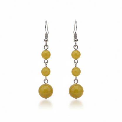 Yellow Jade & Silvertone Tiered Ball Hook Earrings
