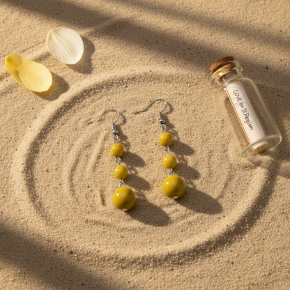 Yellow Jade & Silvertone Tiered Ball Hook Earrings