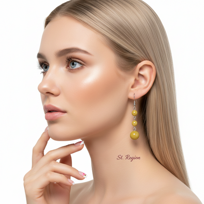 Yellow Jade & Silvertone Tiered Ball Hook Earrings