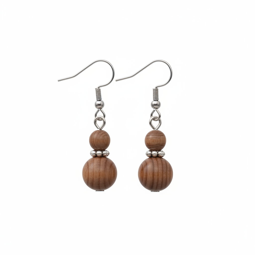 Wood & Silvertone ‌Gourd-Shape Hook Earrings