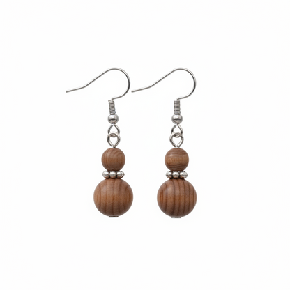 Wood & Silvertone ‌Gourd-Shape Hook Earrings