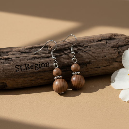 Wood & Silvertone ‌Gourd-Shape Hook Earrings