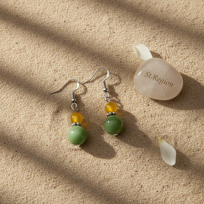 Yellow & Green Jade Silvertone ‌Gourd-Shape Hook Earrings