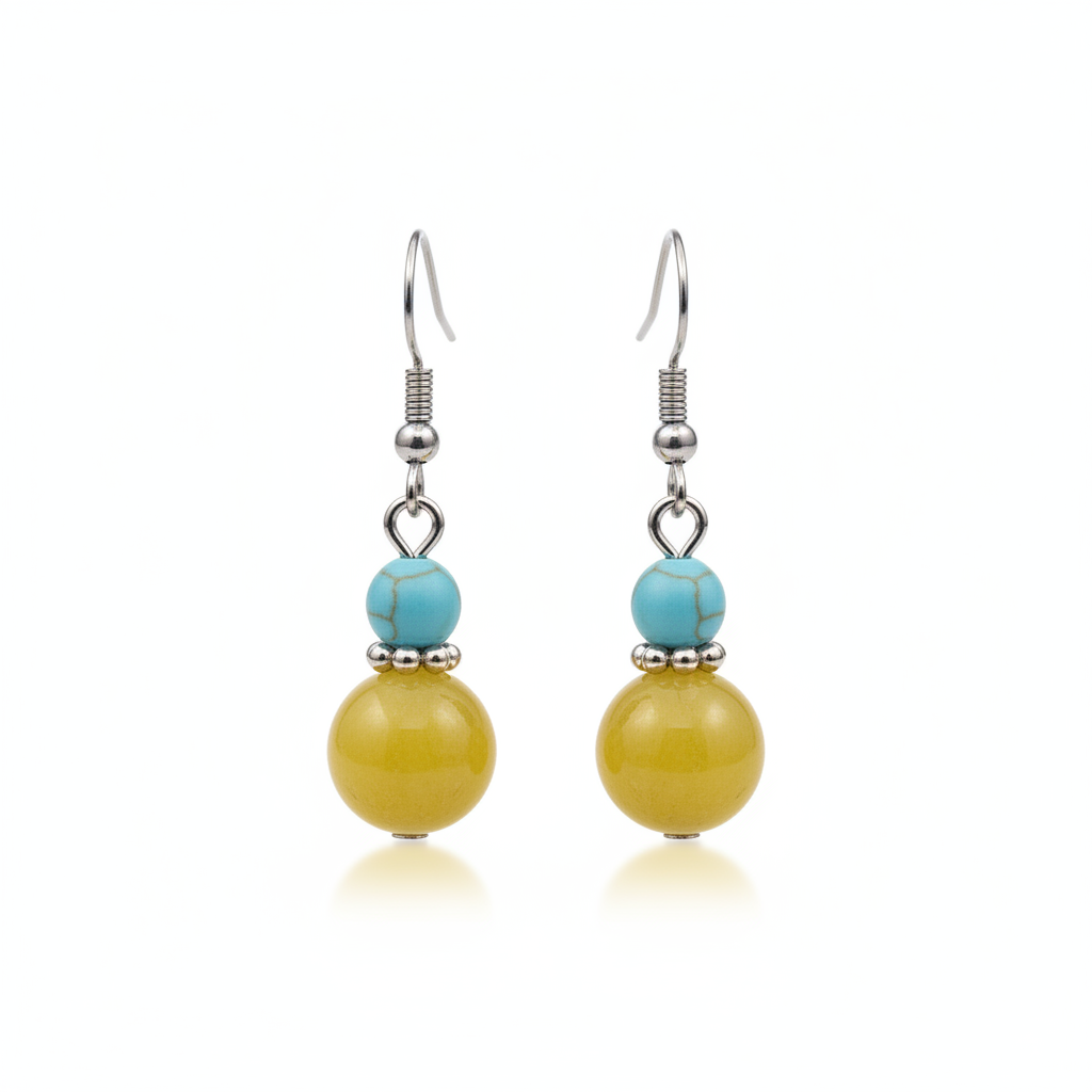 Yellow Jade & Turqouise Silvertone ‌Gourd-Shape Hook Earrings