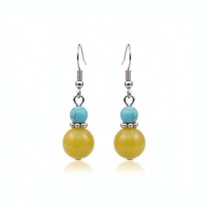 Yellow Jade & Turqouise Silvertone ‌Gourd-Shape Hook Earrings
