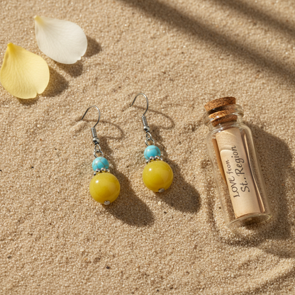 Yellow Jade & Turqouise Silvertone ‌Gourd-Shape Hook Earrings