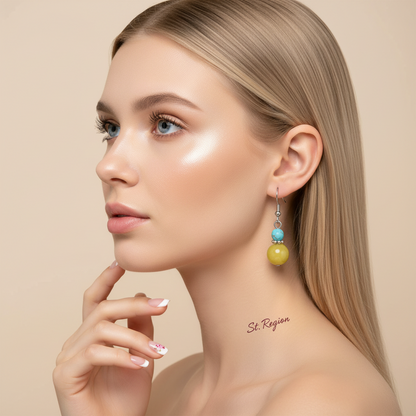 Yellow Jade & Turqouise Silvertone ‌Gourd-Shape Hook Earrings