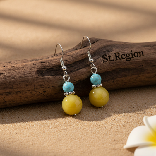 Yellow Jade & Turqouise Silvertone ‌Gourd-Shape Hook Earrings